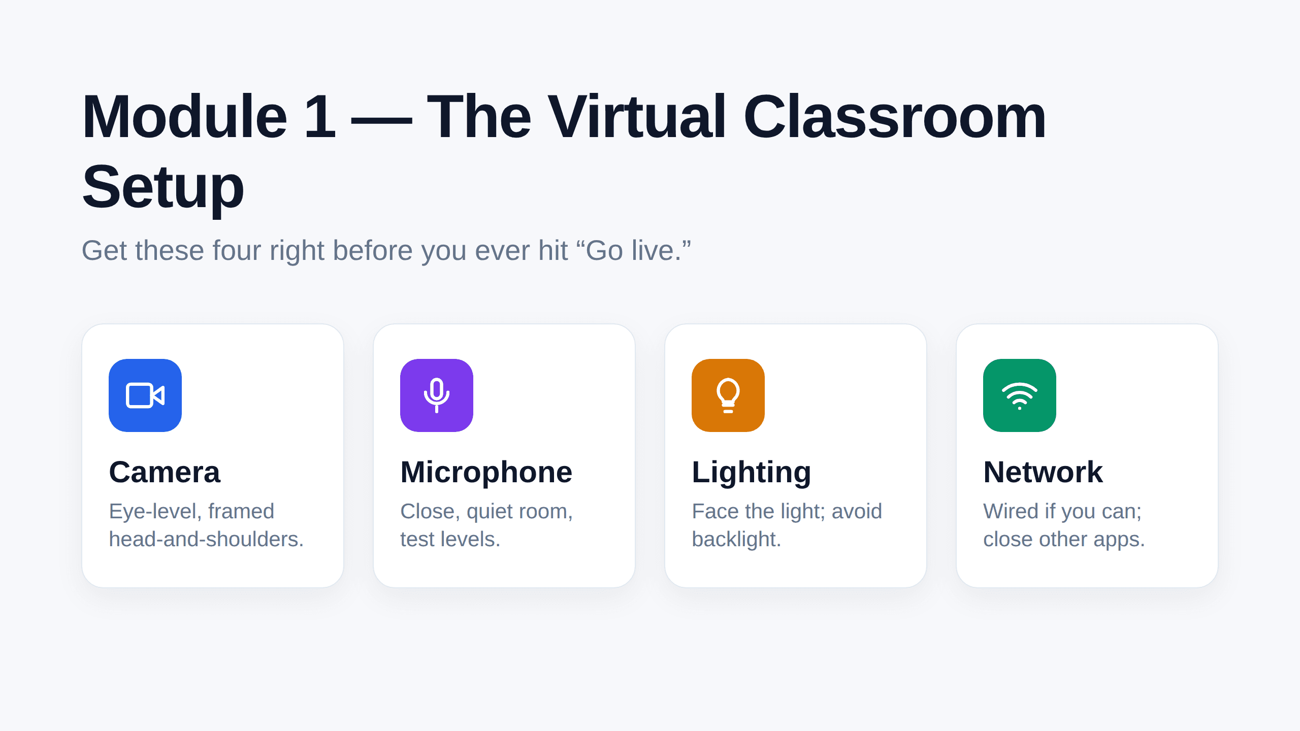 Get your camera, mic, lighting, and network right before going live